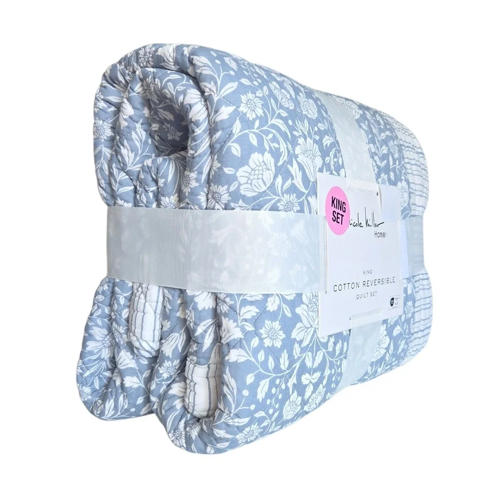 Nicole Miller Home Cotton King Quilt Set 3pc Reversible Floral Stripe Blue White